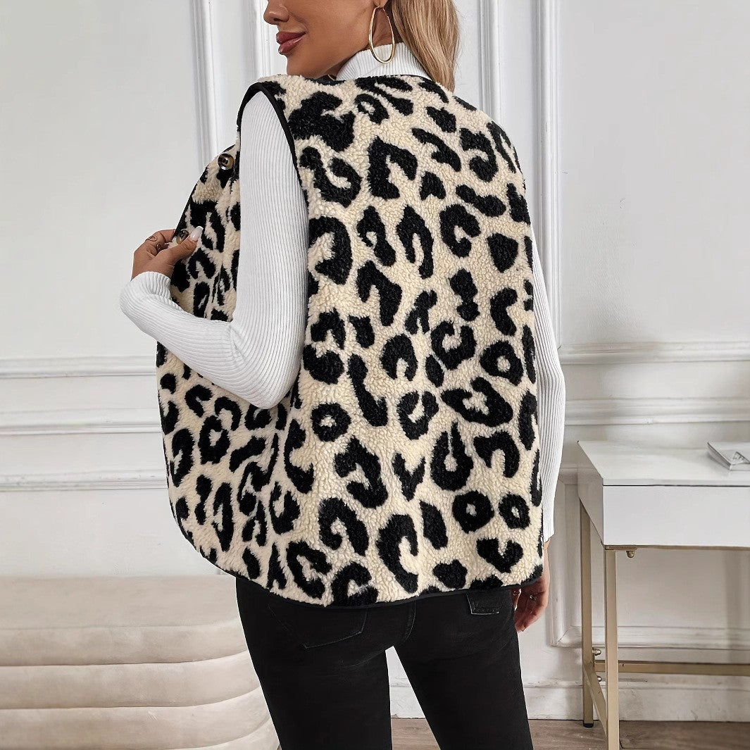 Leopard Sherpa Vest Button Front Fuzzy Layering