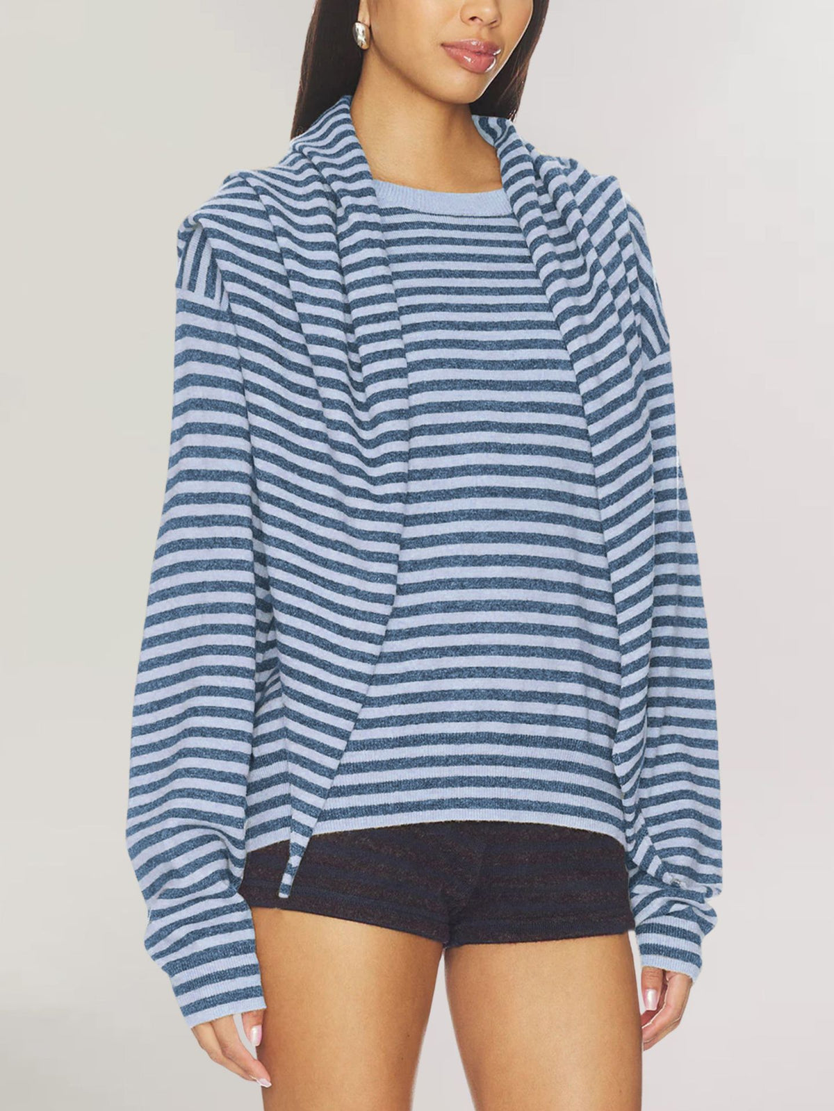 Women's Oversized Striped Sweater with Scarf Detail