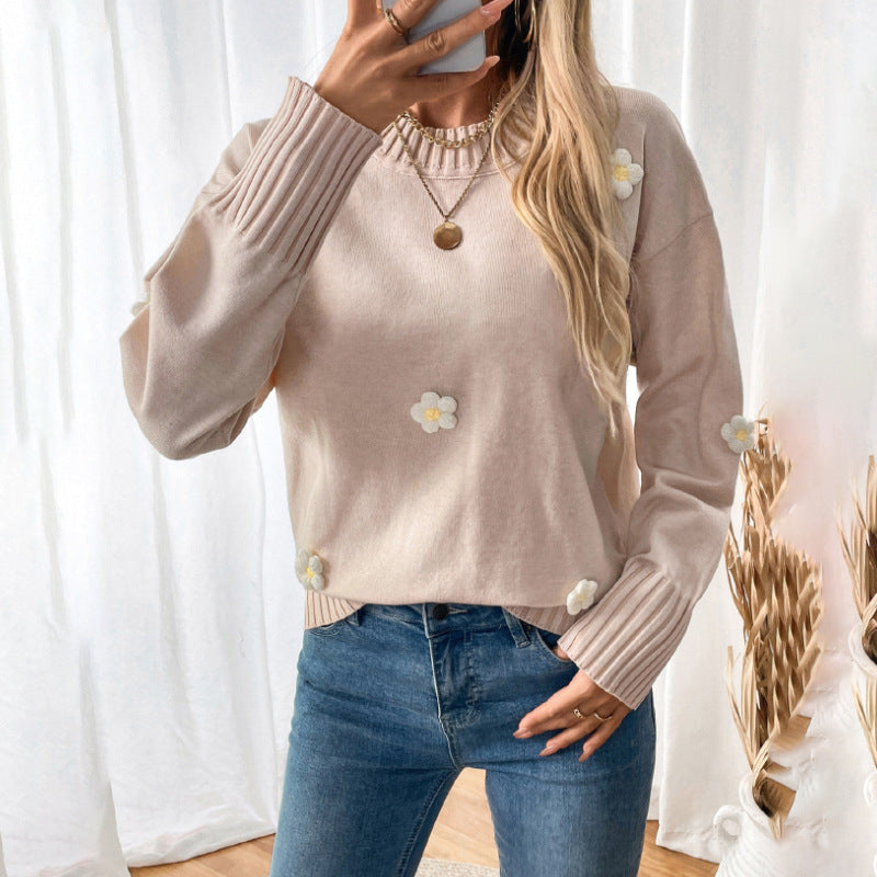 Flower Embellished Knitted Pullover Crew Neck Sweater