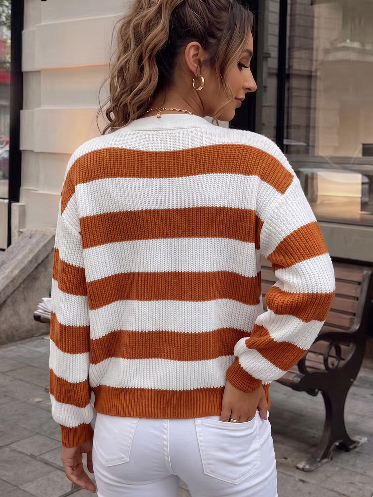 Women's Striped Color Block V Neck Button Front Cardigan