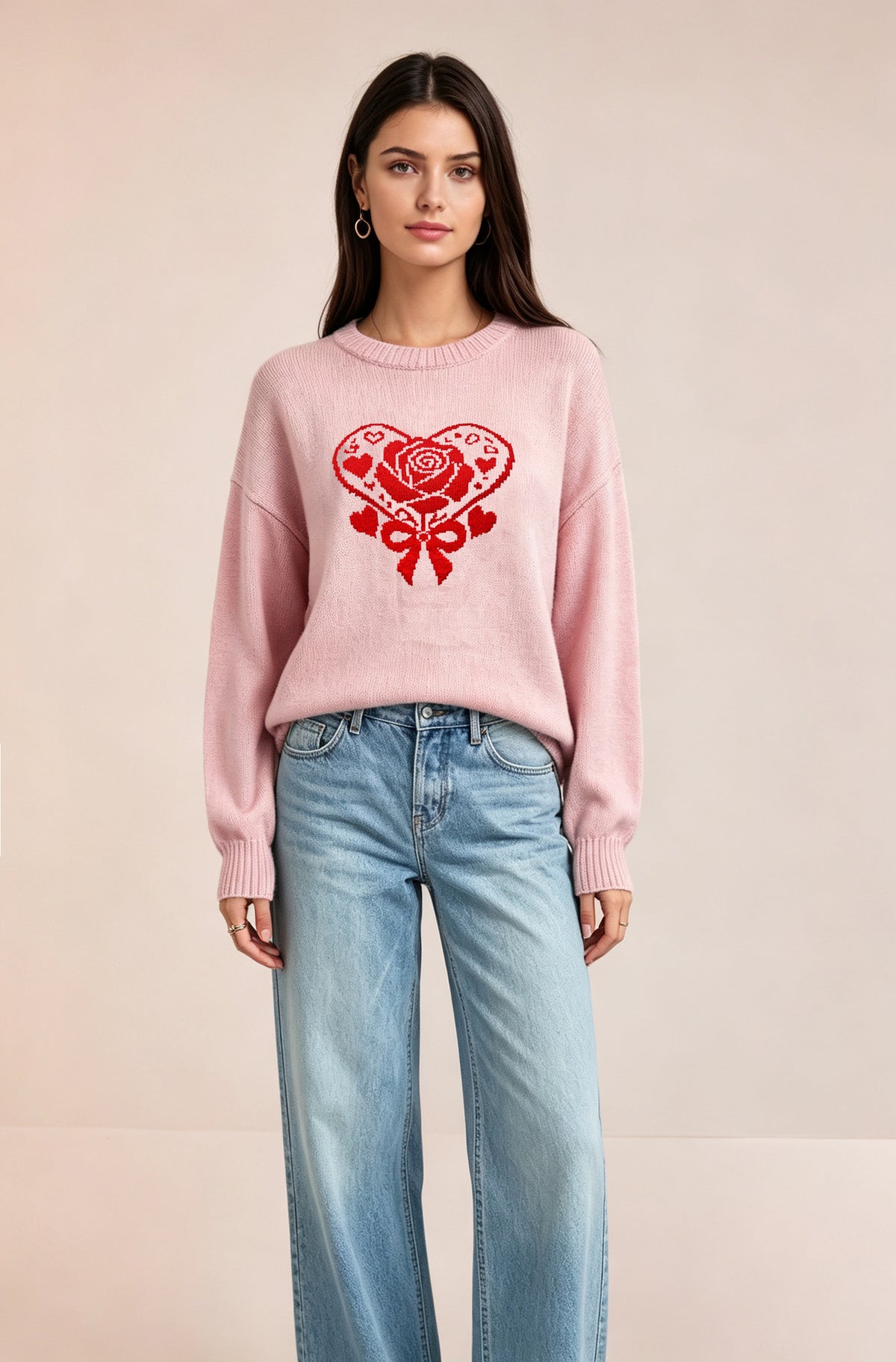 Women's Heart Graphic Crewneck Knit Pullover Sweater