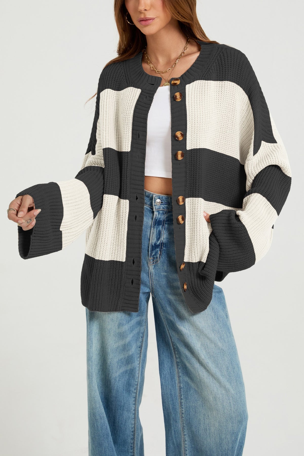 Oversized Color Block Chunky Knit Cardigan Sweater