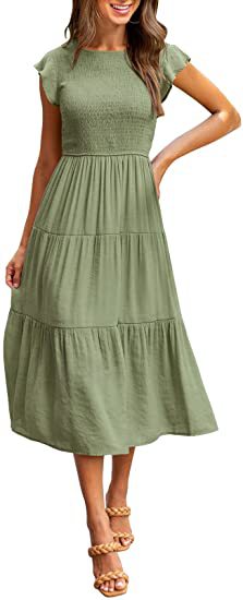 Smocked Waist Flutter Sleeve Tiered Midi Dress for Women