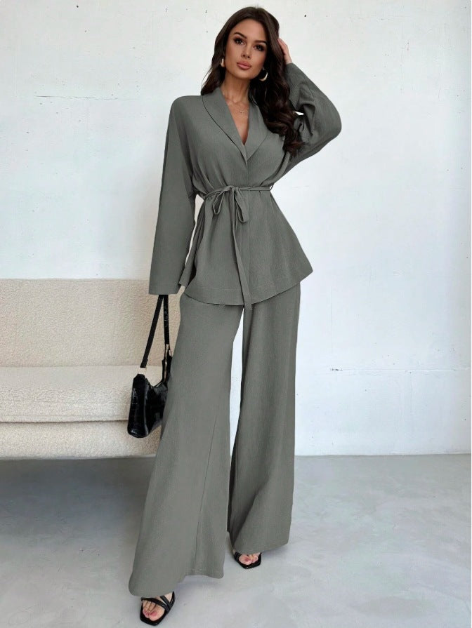 Two Piece Pants Set Wide Leg Belted Blazer Outfit