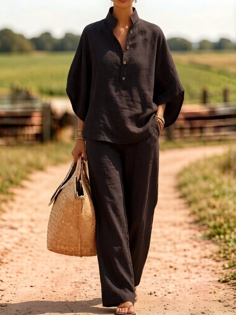 Solid Linen Blend Button Top Wide Leg Pant Set
