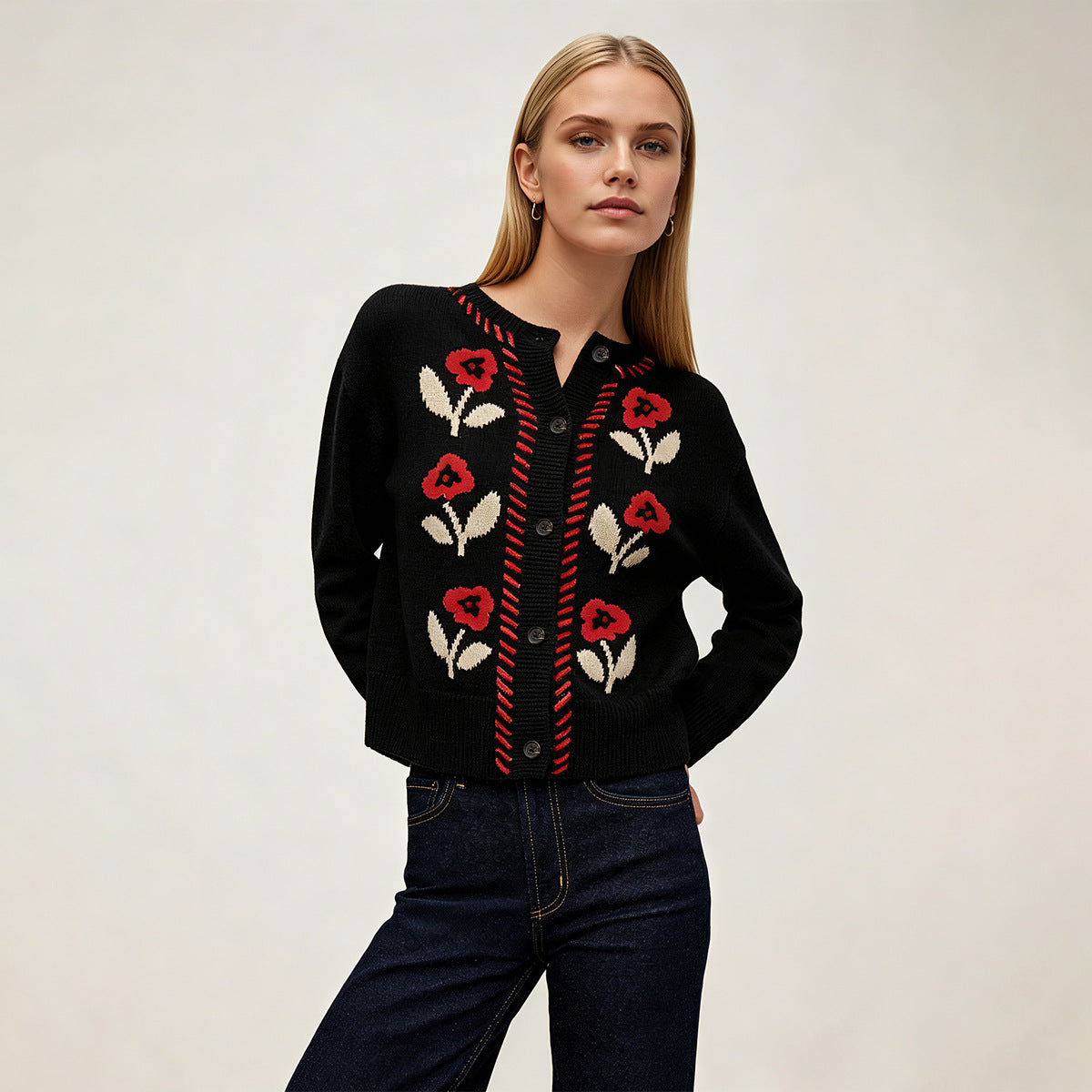 Women's Vintage Floral Knit Button Cardigan