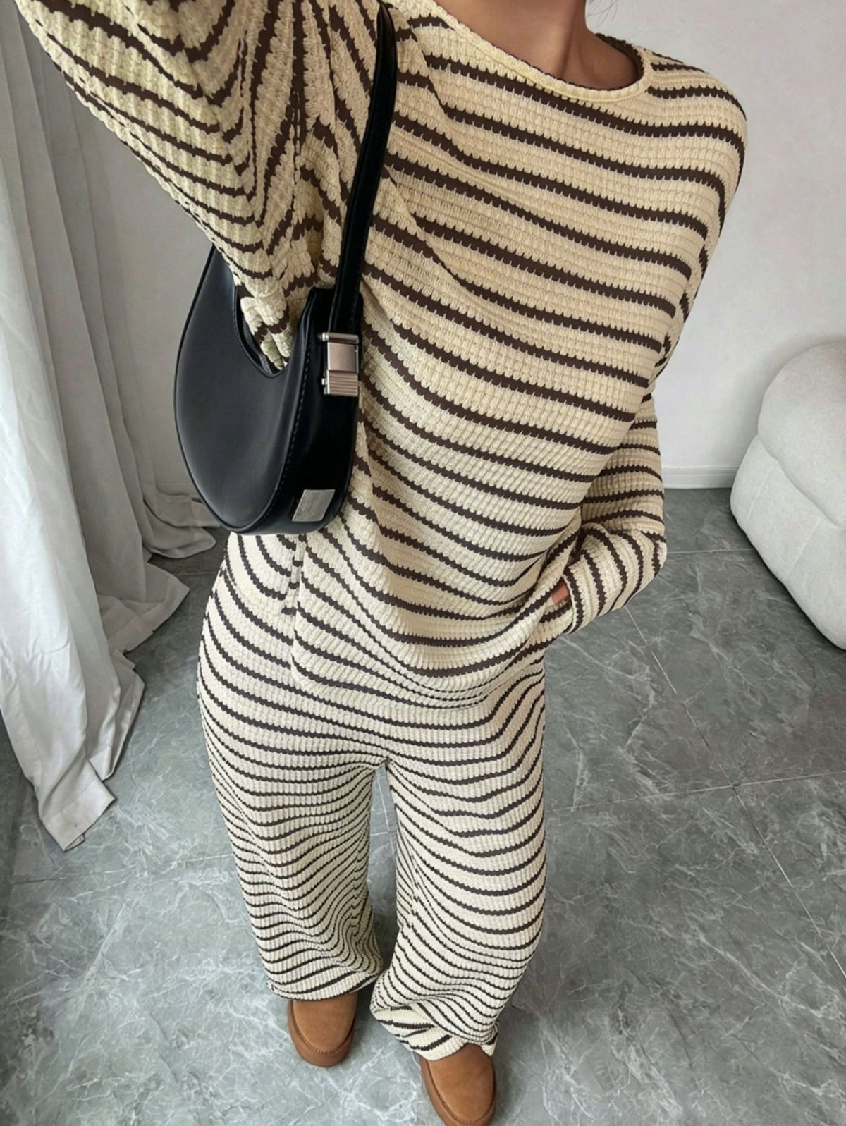 Striped Knit 2 Piece Lounge Set Women Casual Wide Leg Pants