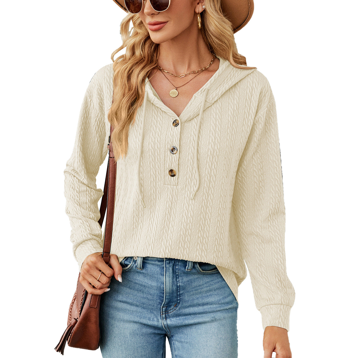 Women's Oversized Hooded Button V-Neck Long Sleeve Sweater