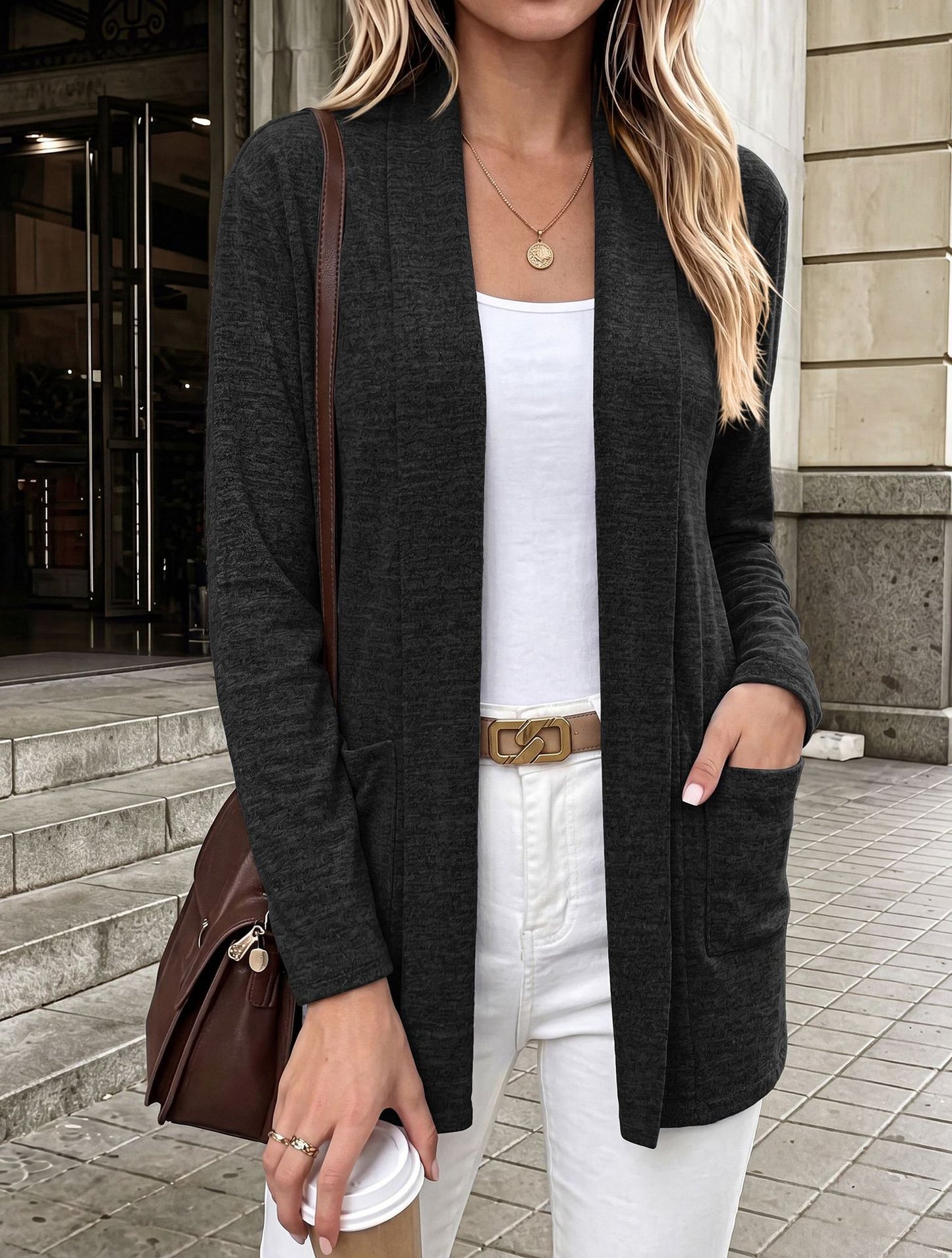 Open Front Pocket Long Sleeve Cardigan