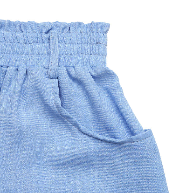 Button Front Blue Midi Skirt with Pockets