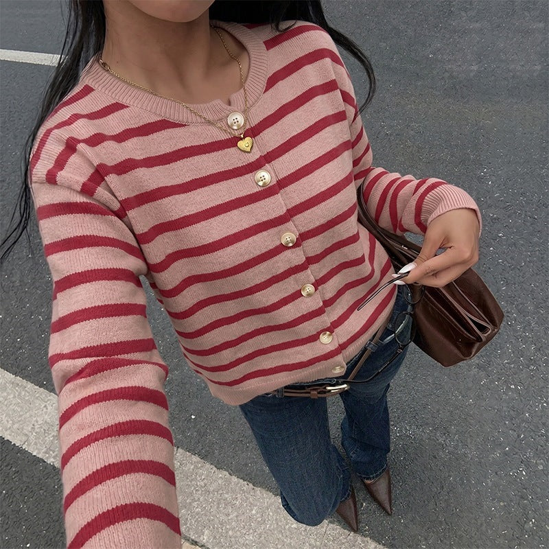 Striped Cotton Cardigan Button Front Oversized Casual Style