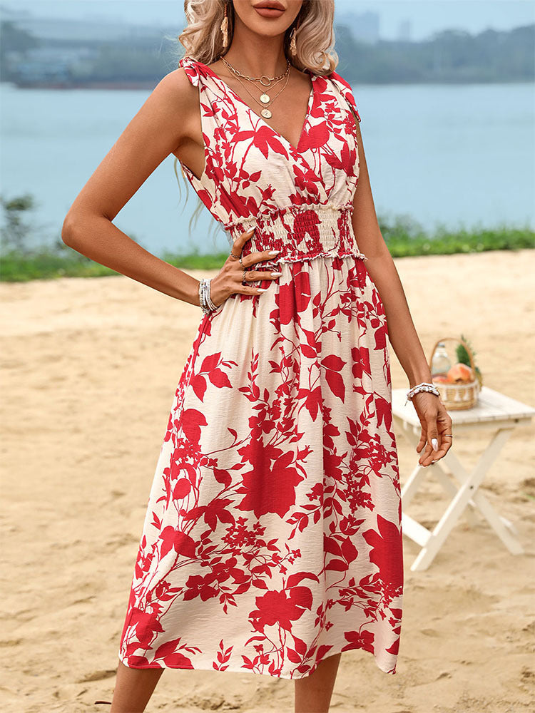 Red Floral Tie Shoulder Midi Dress Smocked Waist