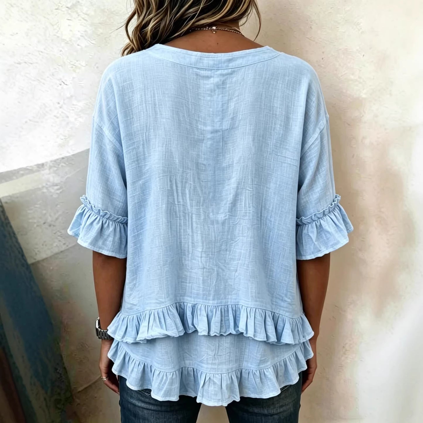 Ruffle Hem V-Neck Blouse with Short Flounce Sleeves
