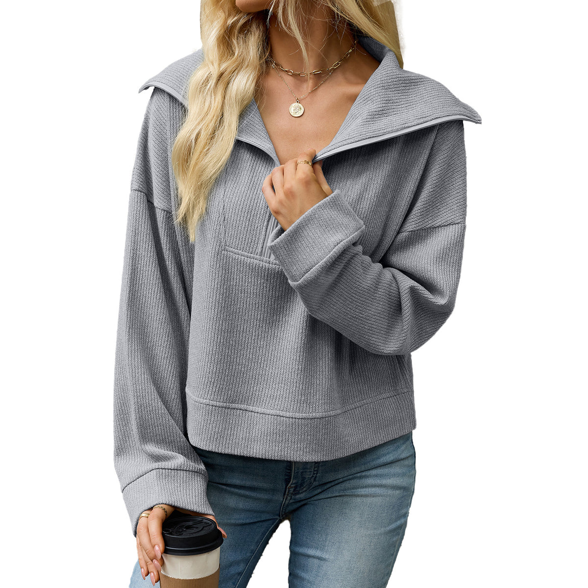 Women's Oversized Half Zip Collared Sweatshirt Pullover