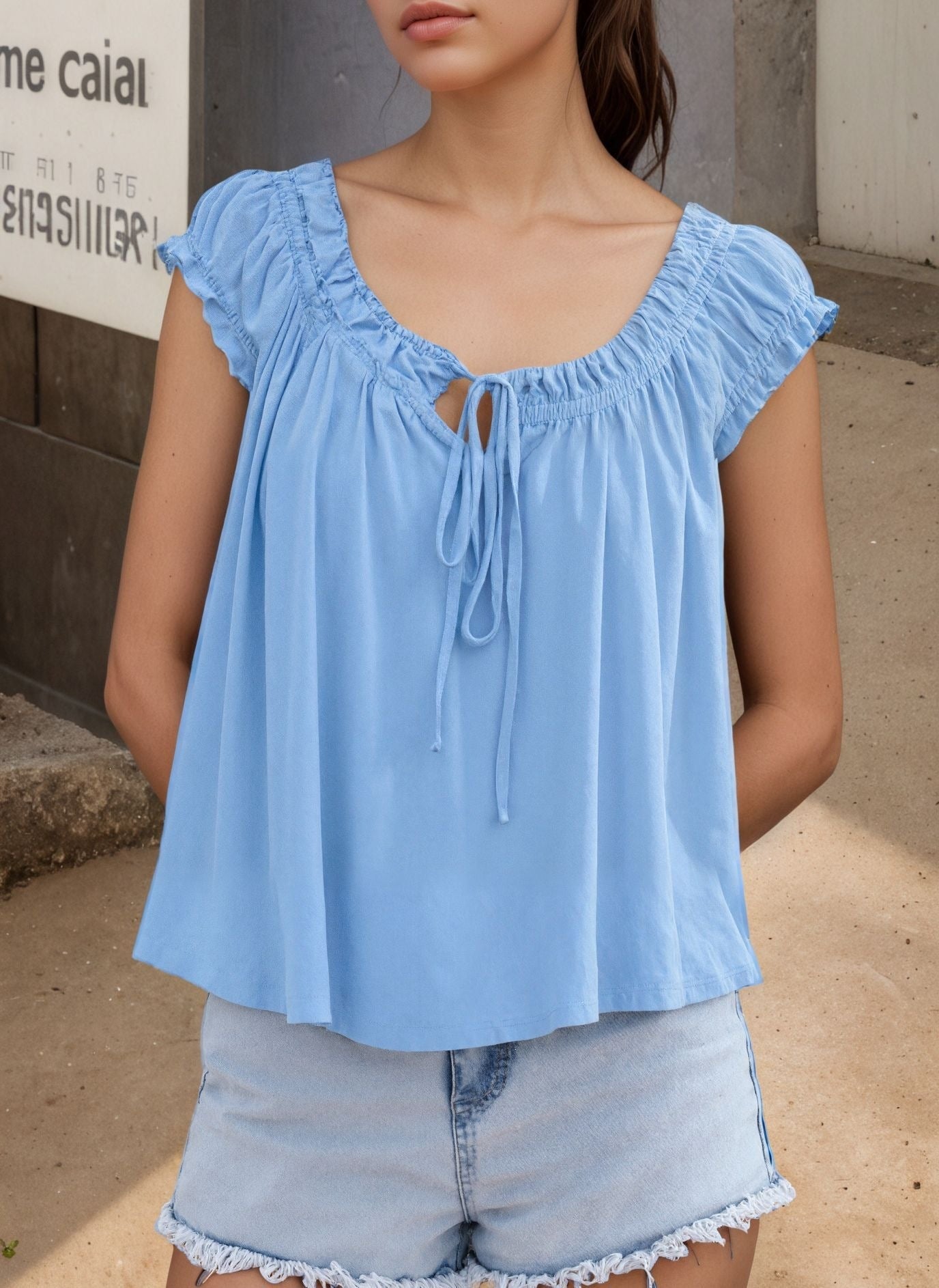 Solid Crinkle Blouse Casual Tie Neck Flutter Sleeve