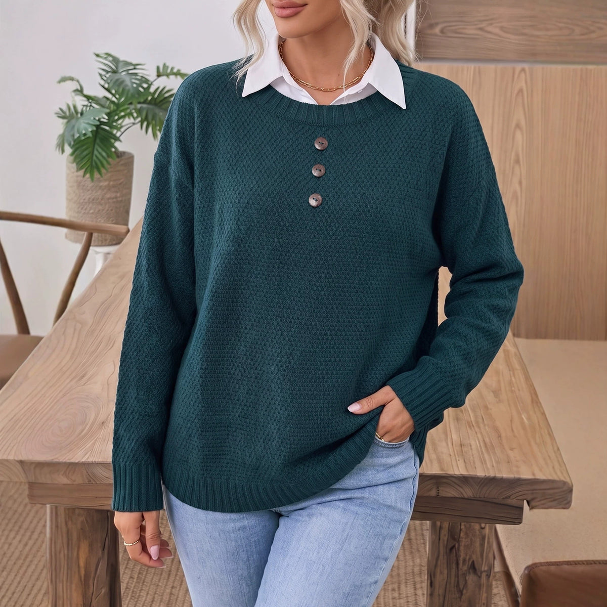 Women's Oversized Coconut Button Crew Neck Sweater