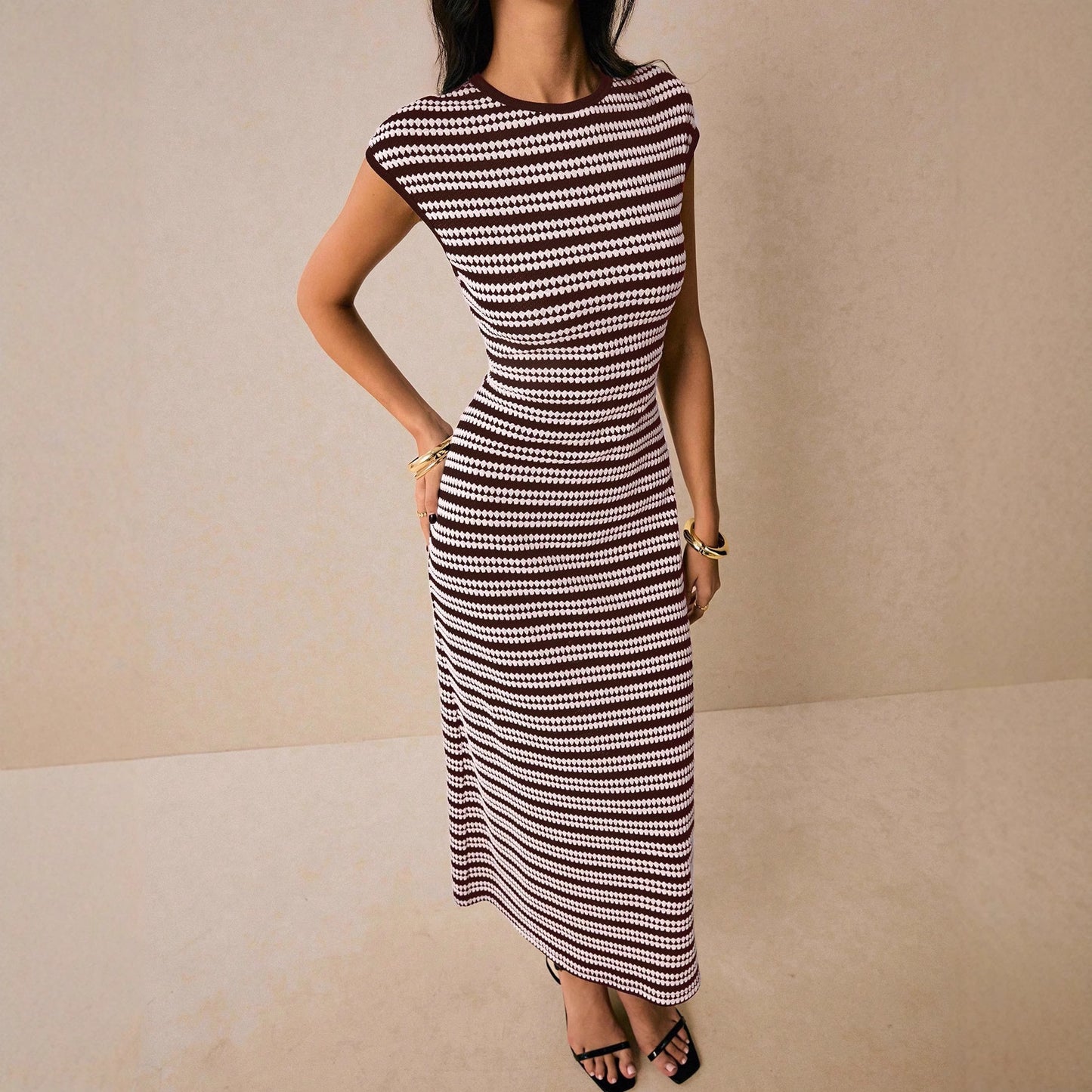 Colorblock Striped Knit Short Sleeve Bodycon Maxi Dress