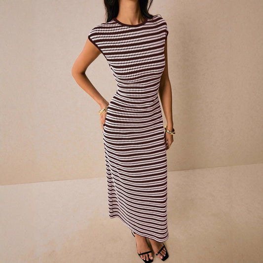 Colorblock Striped Knit Short Sleeve Bodycon Maxi Dress