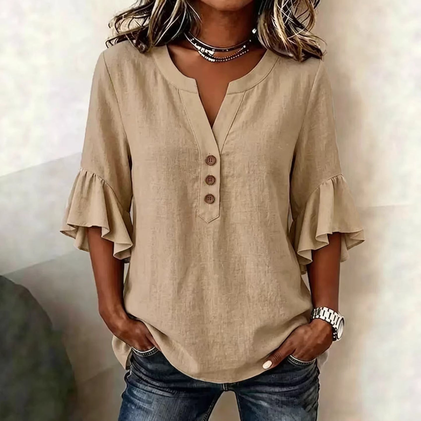 Cotton Linen Blouse Split Neck Three Quarter Bell Sleeves