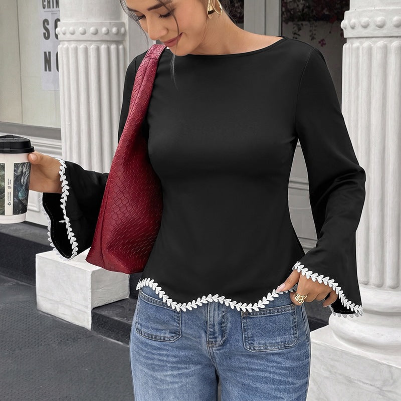 Boat Neck Contrast Trim Flare Sleeve Top