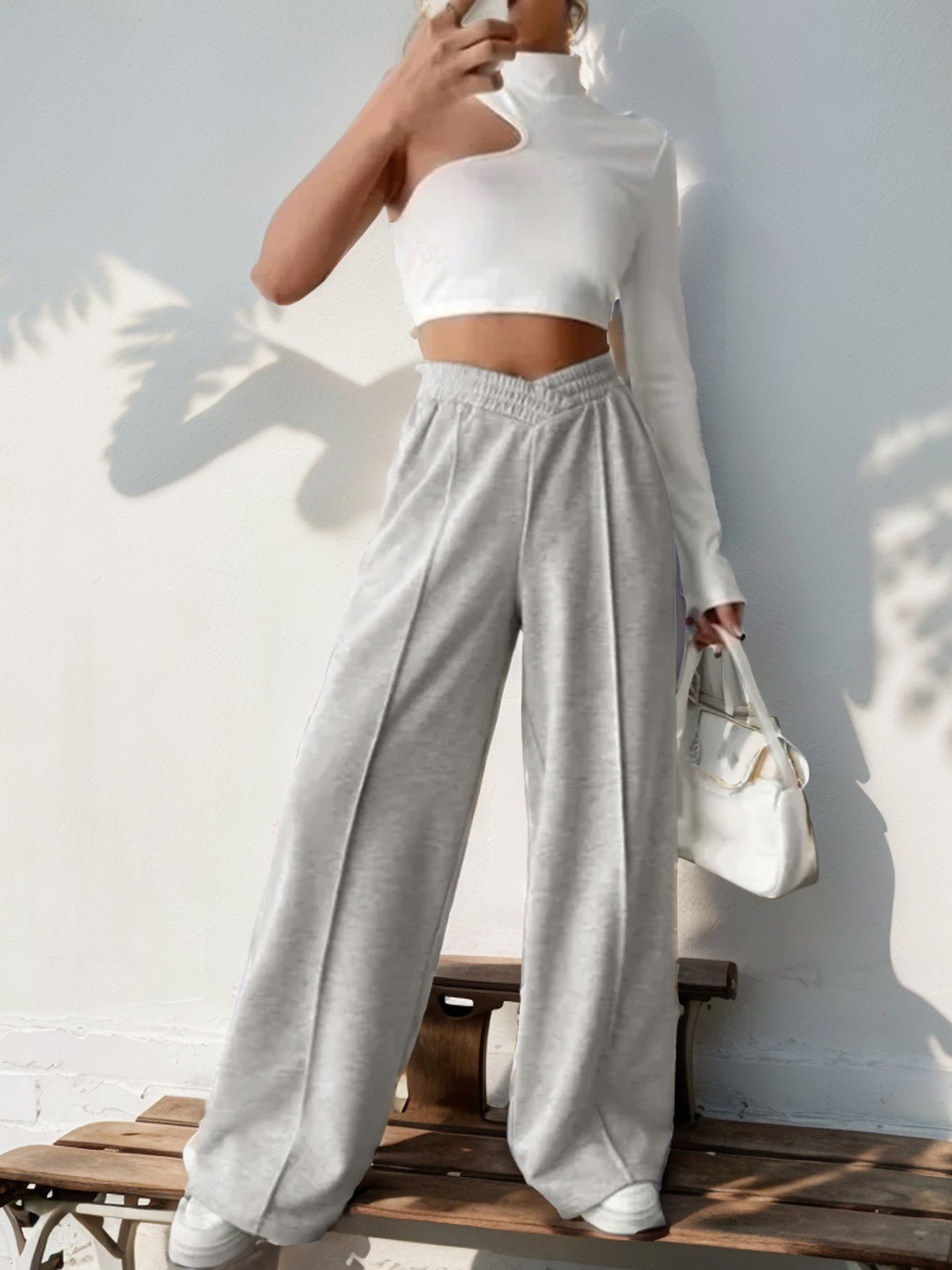 Solid Knit Wide Leg Pants High Waist Athleisure