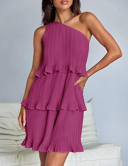 One Shoulder Tiered Pleated Ruffle Mini Dress for Summer