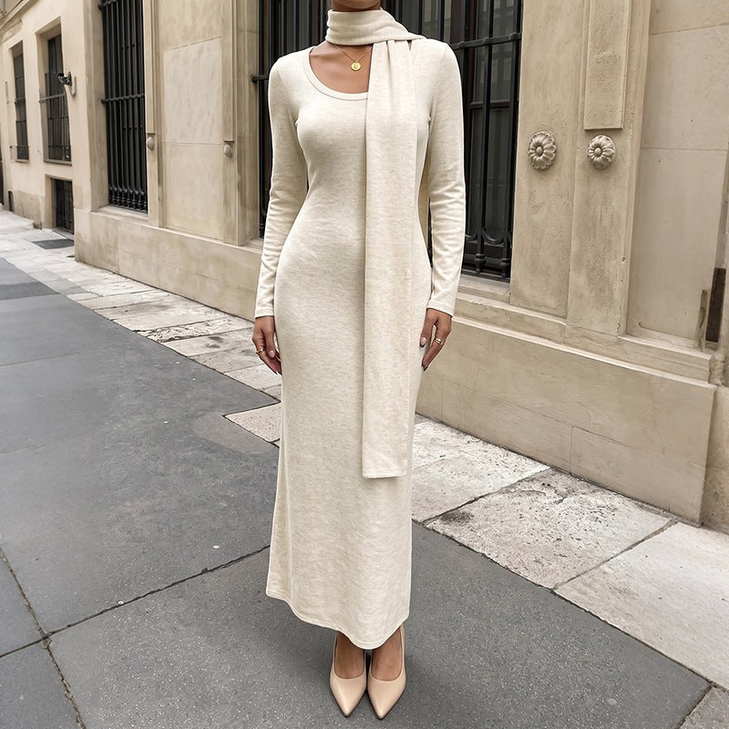 Scarf Neck Bodycon Sweater Dress Fishtail Maxi