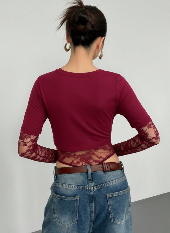 Lace Mesh Bodysuit Crop Top Trendy Layering Tee