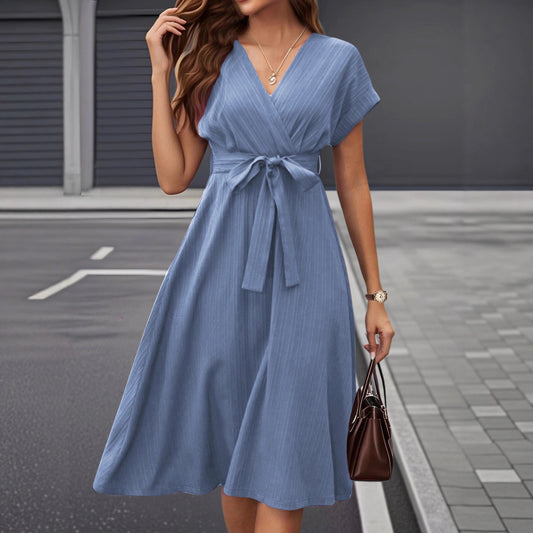 Women’s V Neck Tie Waist Midi Dress Short Sleeve