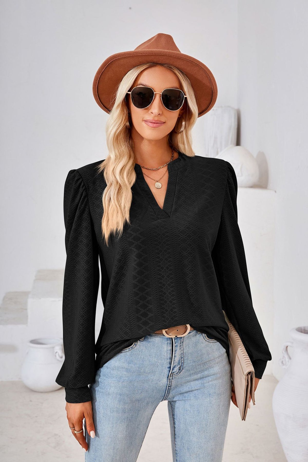 Women's V Neck Puff Sleeve Textured Long Sleeve Tunic Top