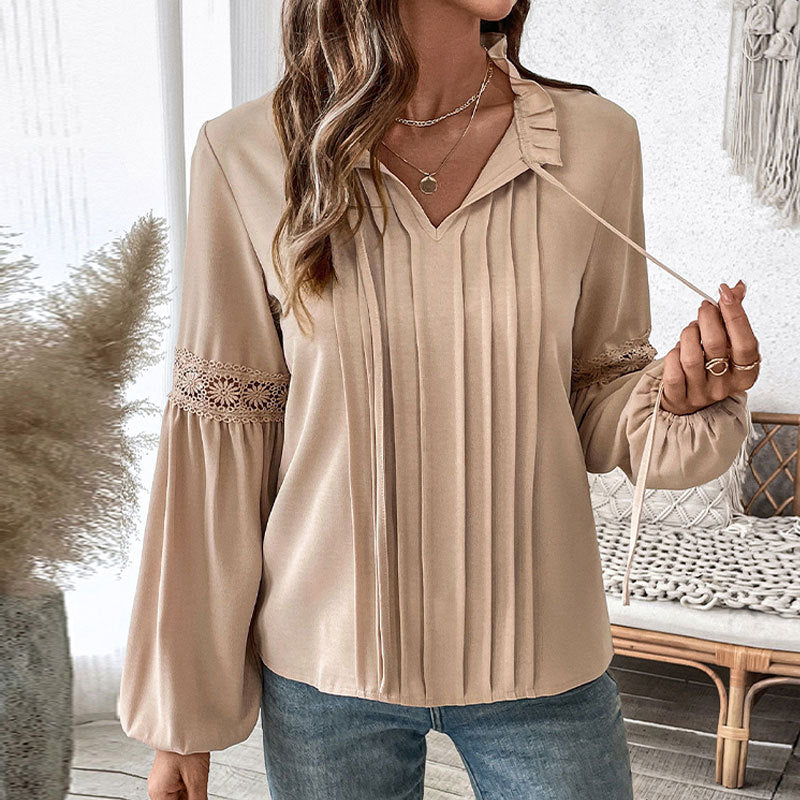Elegant White Lace V-Neck Pleated Blouse for Spring & Fall