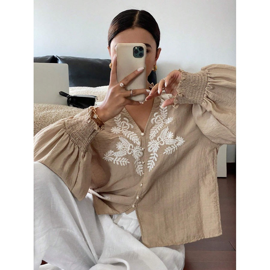 Floral Blend Blouse Boho Embroidered Puff Sleeve