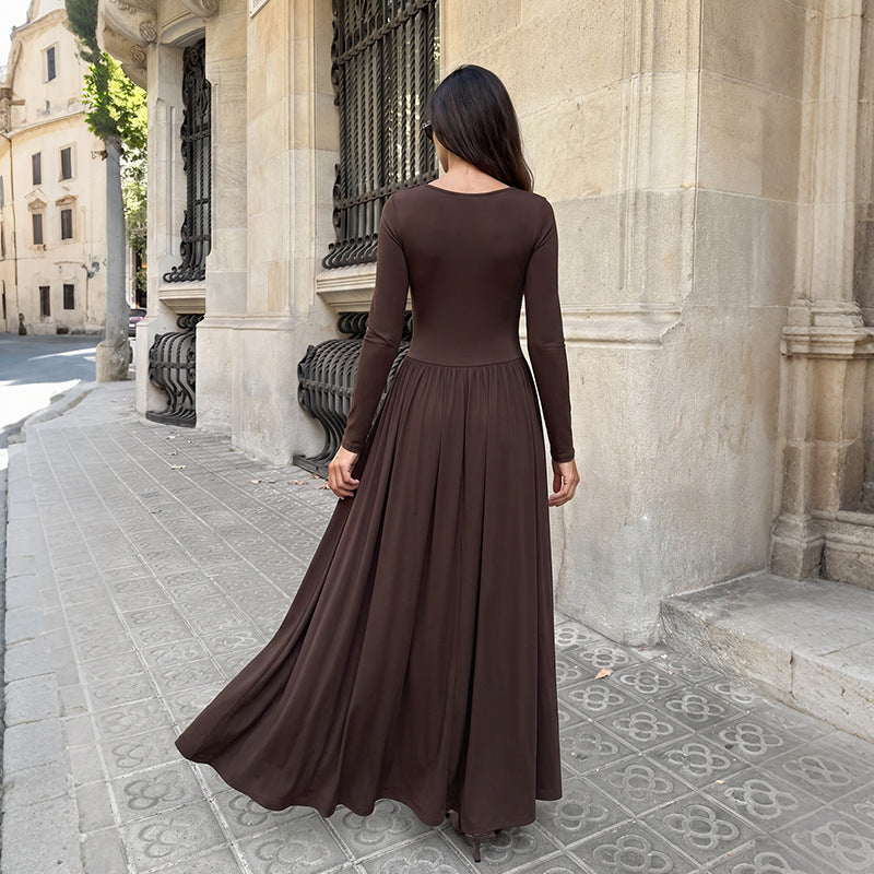 Brown Square Neck Long Sleeve Ruched Maxi Dress