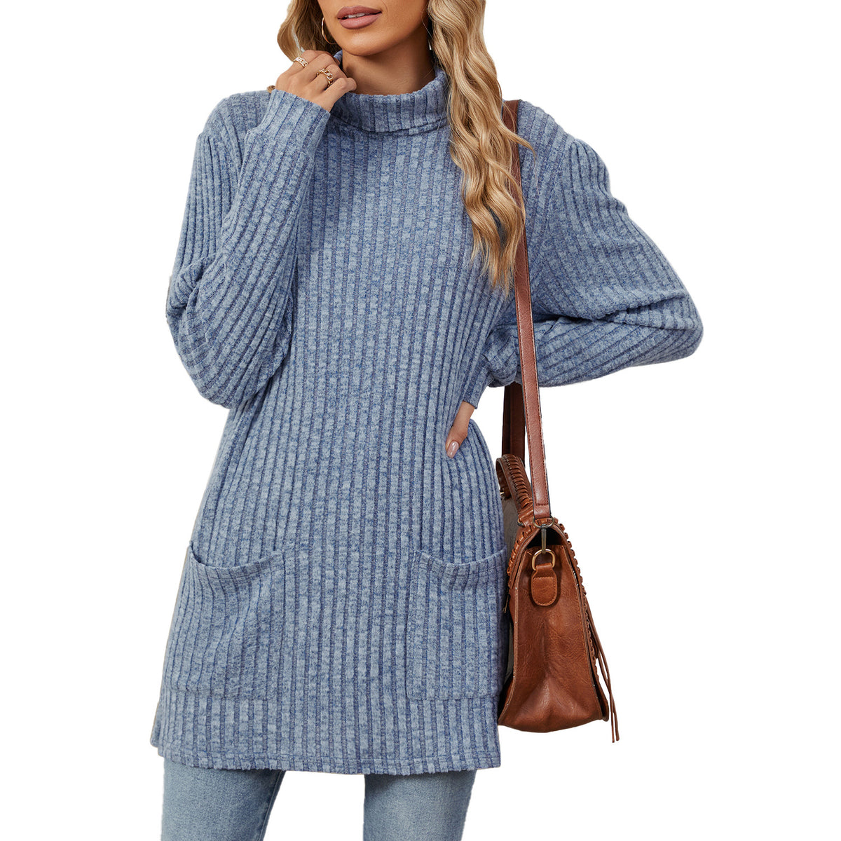 Women's Ribbed Mock Neck Long Sleeve Tunic Top with Pockets