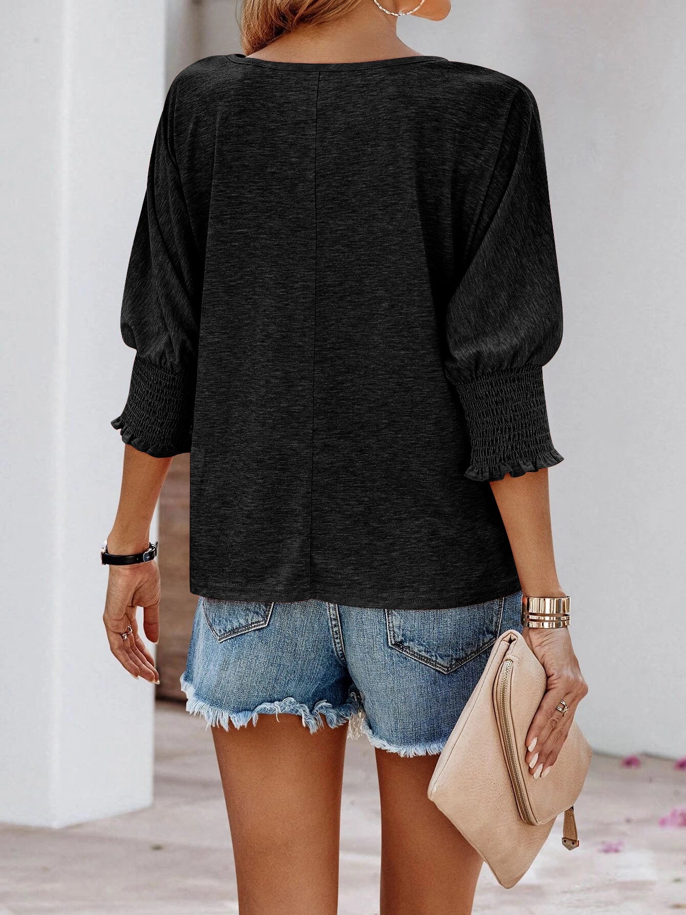 Solid Rayon Blouse Casual Boutique Smocked Sleeve