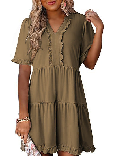 Green V Neck Ruffle Trim A Line Tiered Mini Dress
