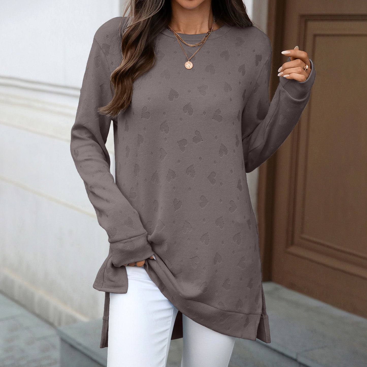 Oversized Crew Neck Long Sleeve Side Slit Knit Tunic Top