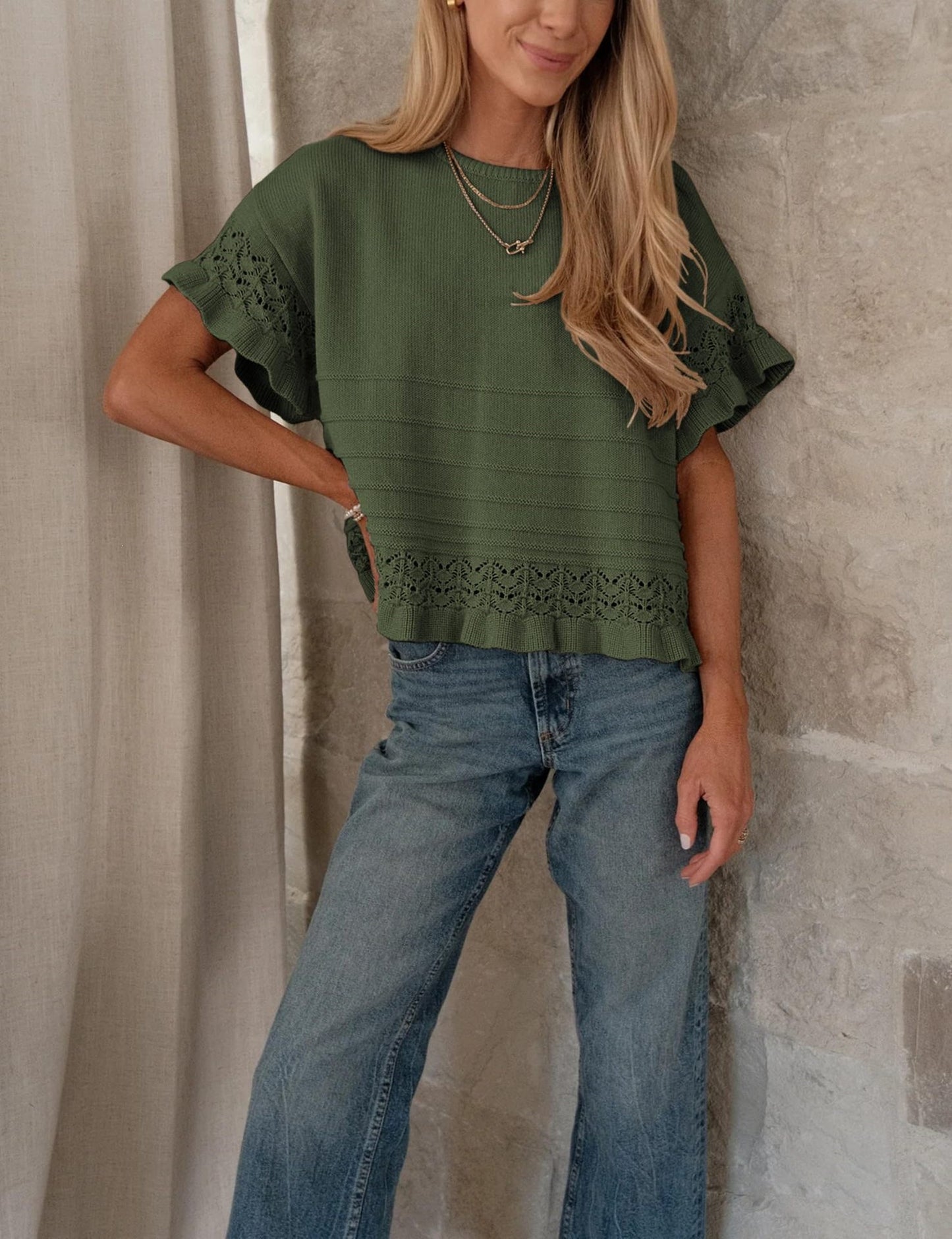 Solid Knit Top Casual Eyelet Ruffle Sleeve