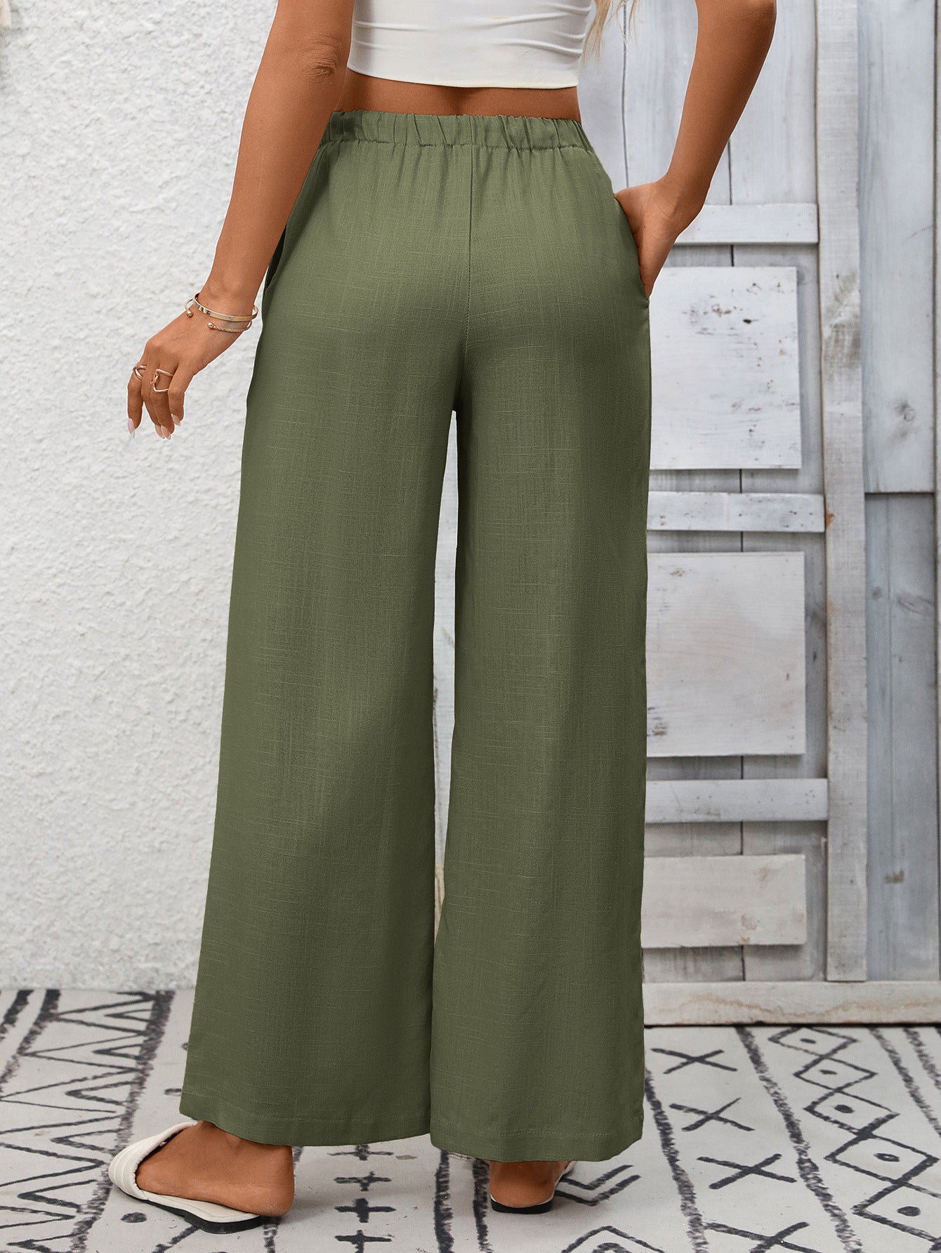High Waist Cotton Linen Wide Leg Pants with Pockets