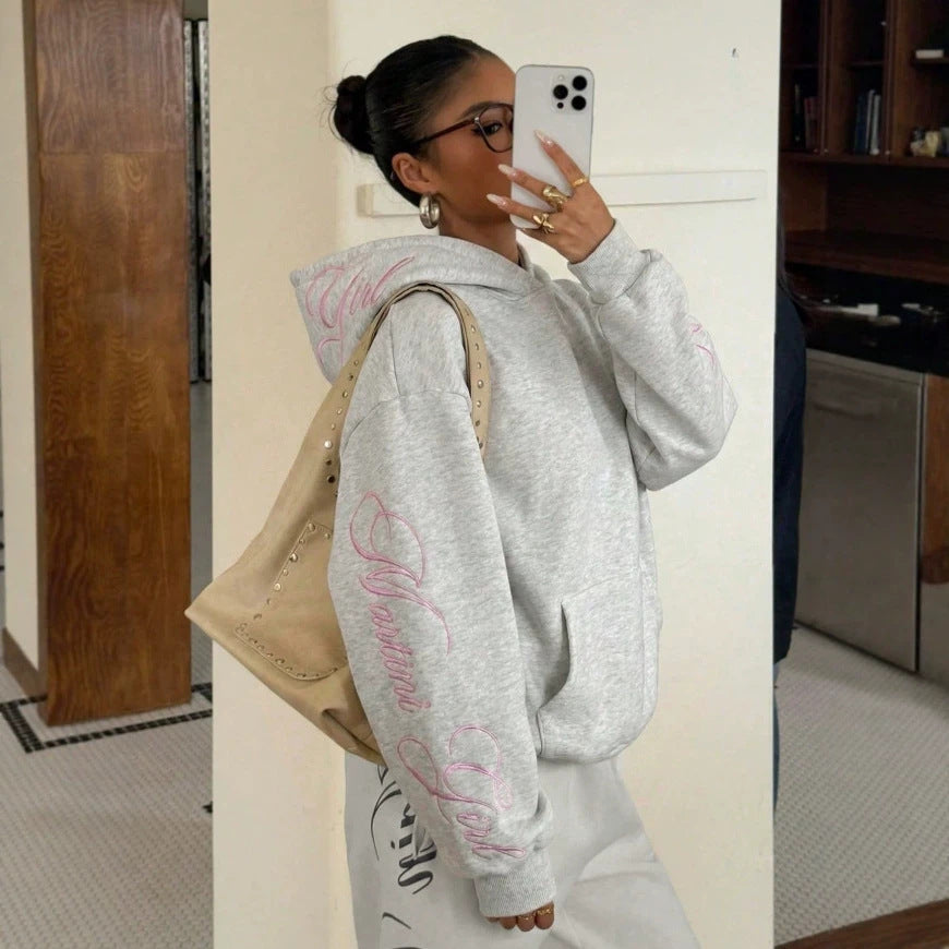 Grey Back Embroidered Oversized Hooded Sweatshirt