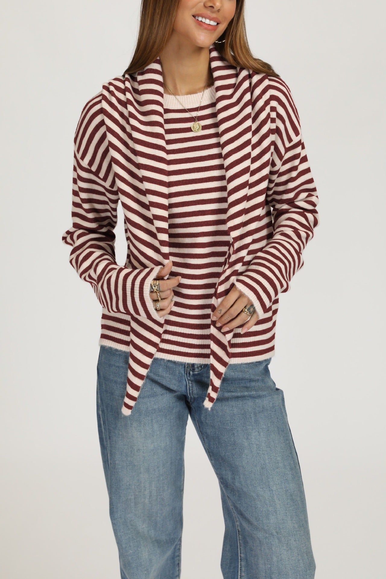 Striped Knit Sweater Shawl Detail Oversized Casual Pullover