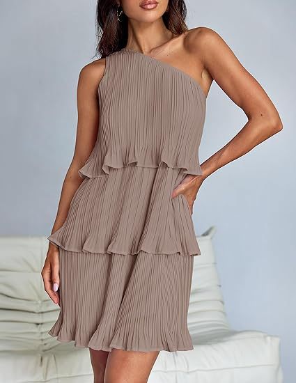 One Shoulder Tiered Pleated Ruffle Mini Dress for Summer