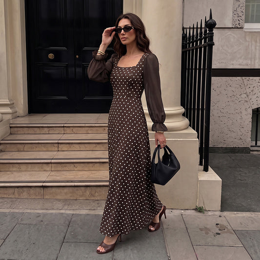 Vintage Polka Dot Square Neck Bell Sleeve Maxi Dress