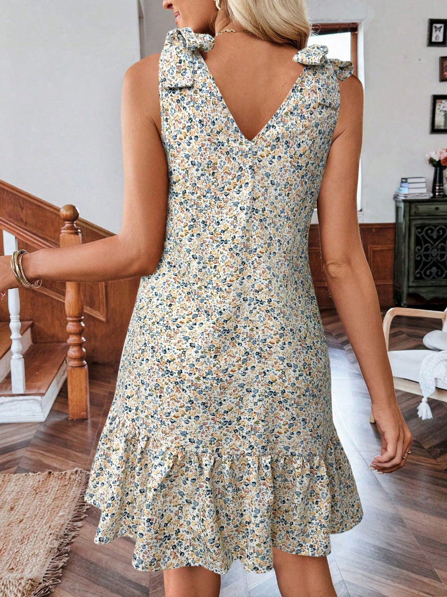 Floral Sleeveless V Neck Bow Summer Dress for Women