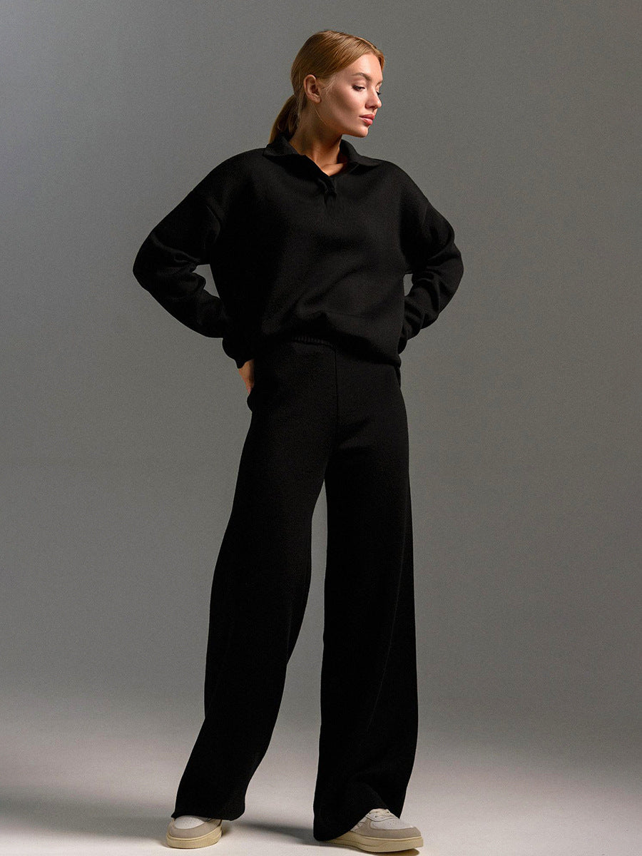 Polo Collar Knit Sweater Wide Leg Pants Set