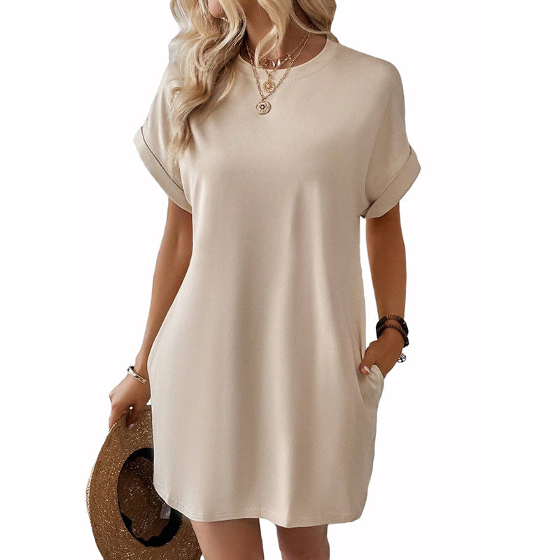Oversized Crew Neck Casual T Shirt Dress With Pockets