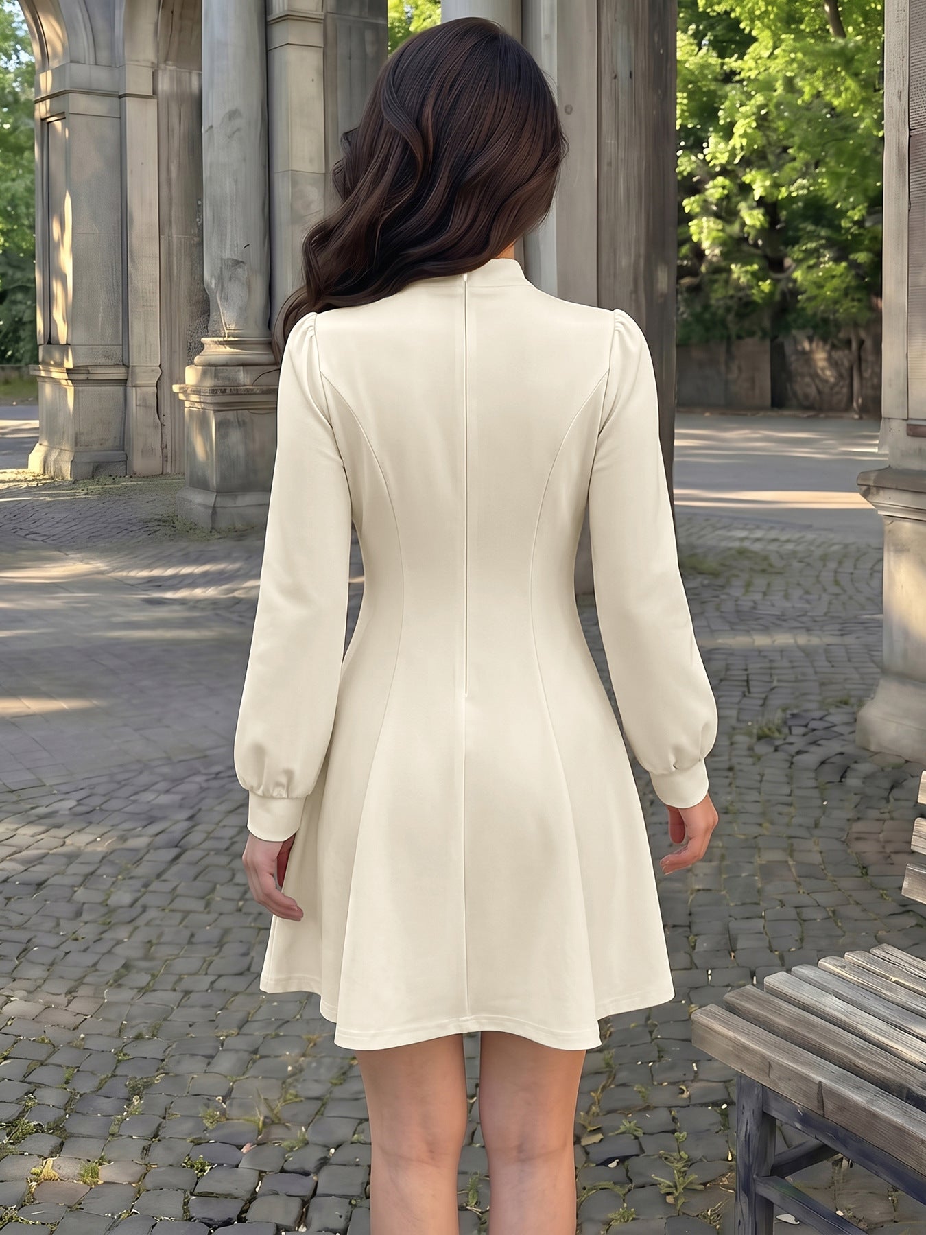 Mandarin Collar A Line Mini Dress Long Sleeve Elegant Dress