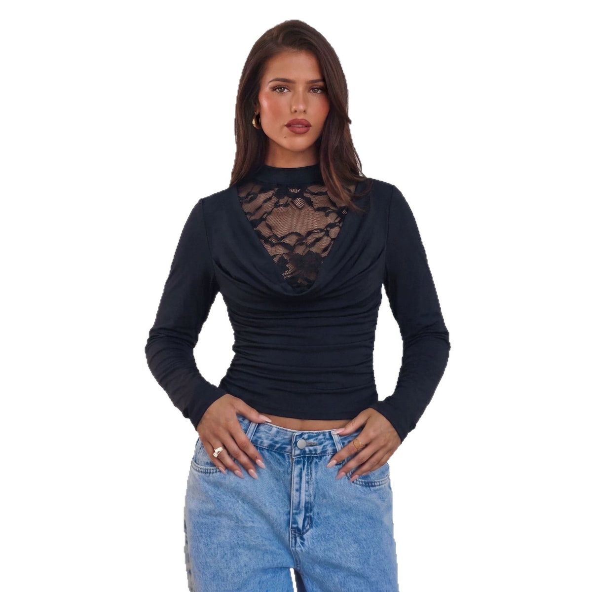 Women's Sexy Lace Cowl Neck Long Sleeve Fitted Top