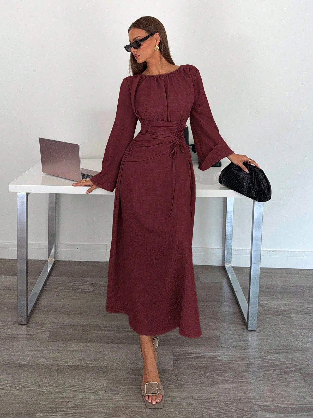 Women's Long Sleeve Tie Waist Ruched Midi Dress