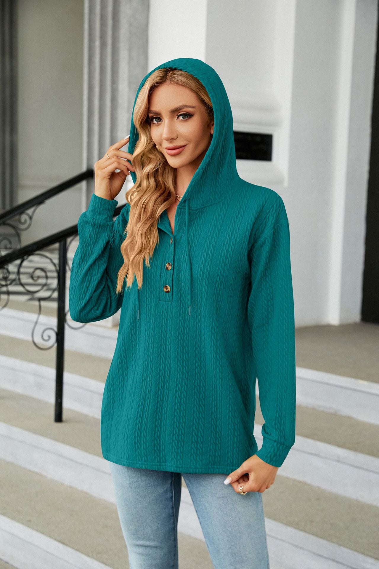 Women's Oversized Hooded Button V-Neck Long Sleeve Sweater